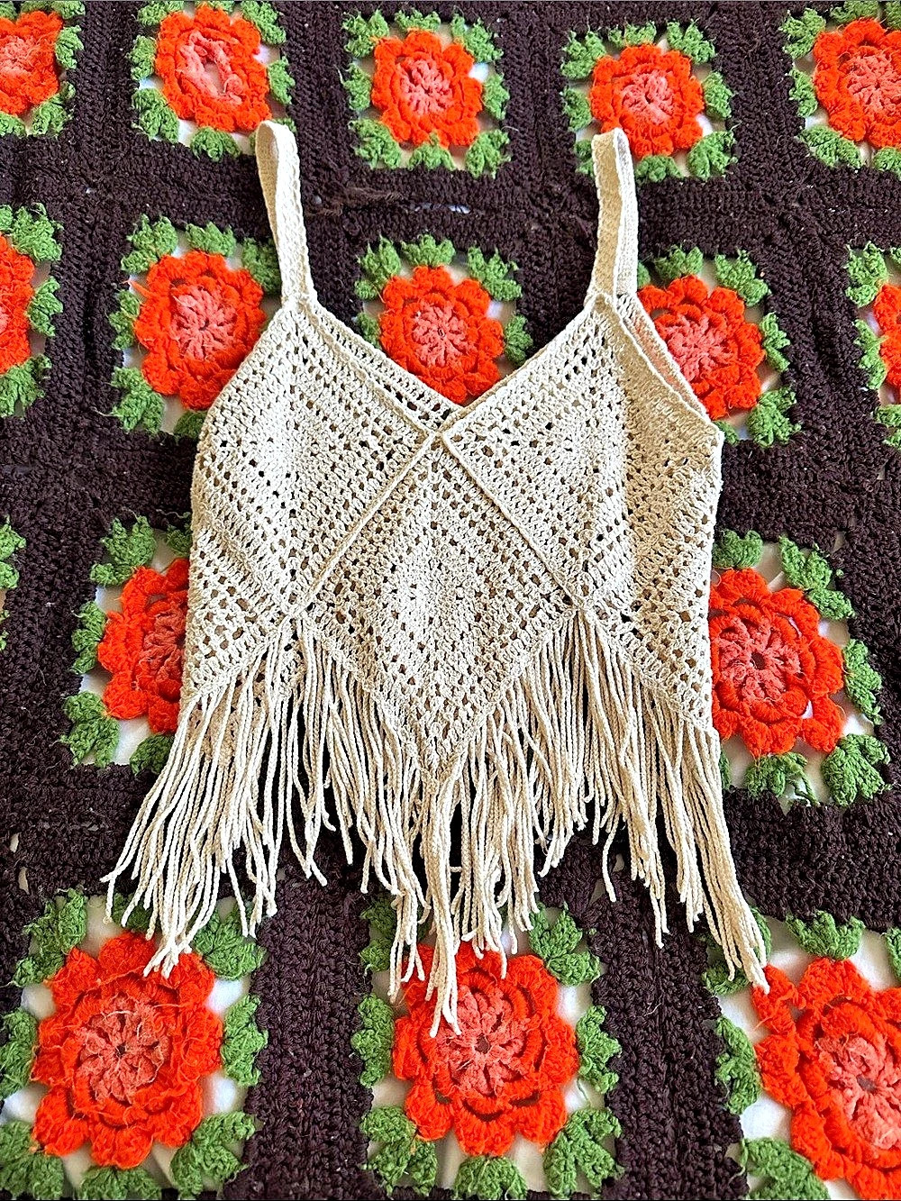 Pink Lily Crochet Fringe Camisole in Cream & Black Like New
